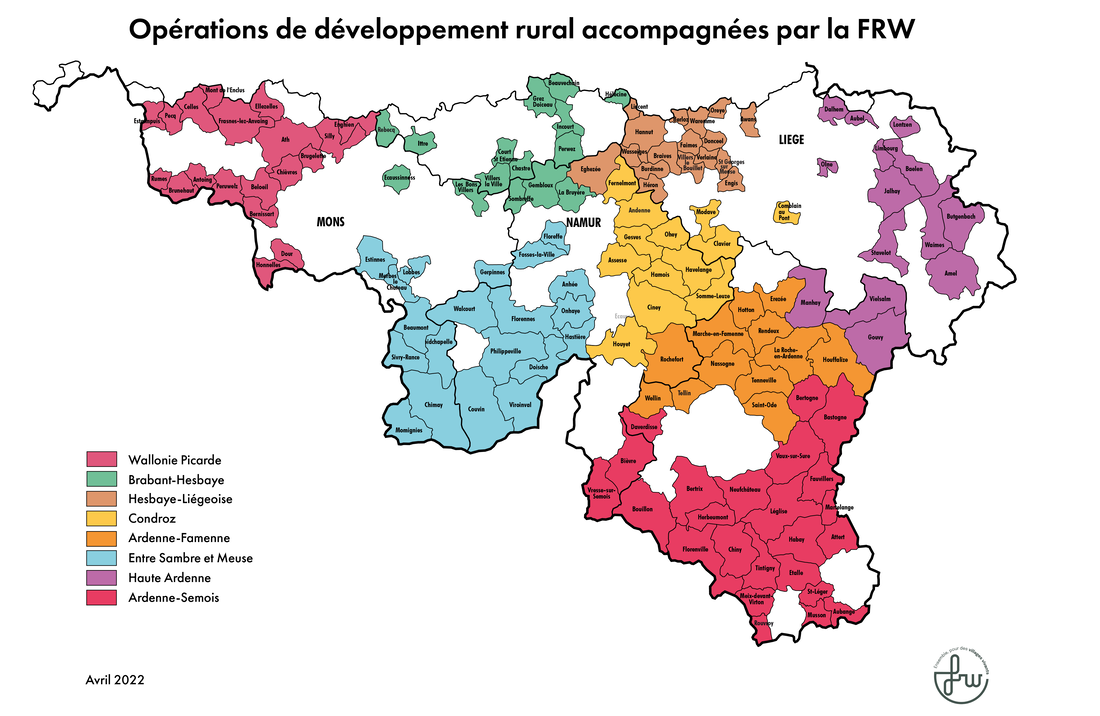 Carte des communes rurales accompagnées par les agents de développement de la Fondation Rurale de Wallonie (FRW)