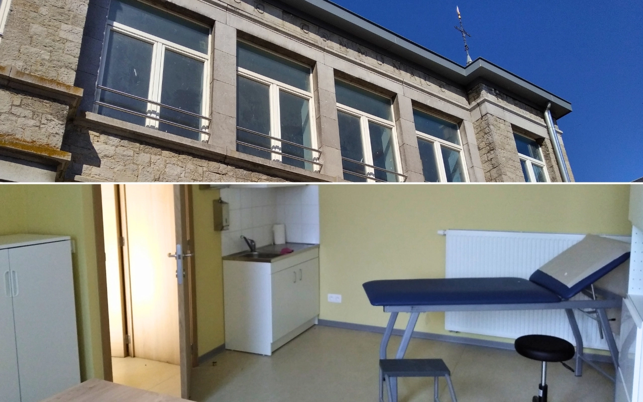 Il s'agit d'un collage montrant deux sections. En haut, l'extérieur d'un bâtiment avec plusieurs fenêtres et un ciel bleu en arrière-plan. En bas, une salle de consultation avec une table d'examen médical.