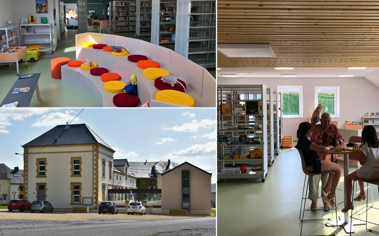 Il s'agit d'un collage montrant quatre scènes différentes. En haut à gauche, l'espace intérieur d'une bibliothèque. En haut à droite, une autre vue d'angle de cet intérieur avec des personnes assises à une table, entourées d'étagères de livres. En bas à gauche, une vue extérieure du bâtiment. En bas à droite, une scène similaire à celle en haut à droite, montrant des personnes interagissant dans la bibliothèque.