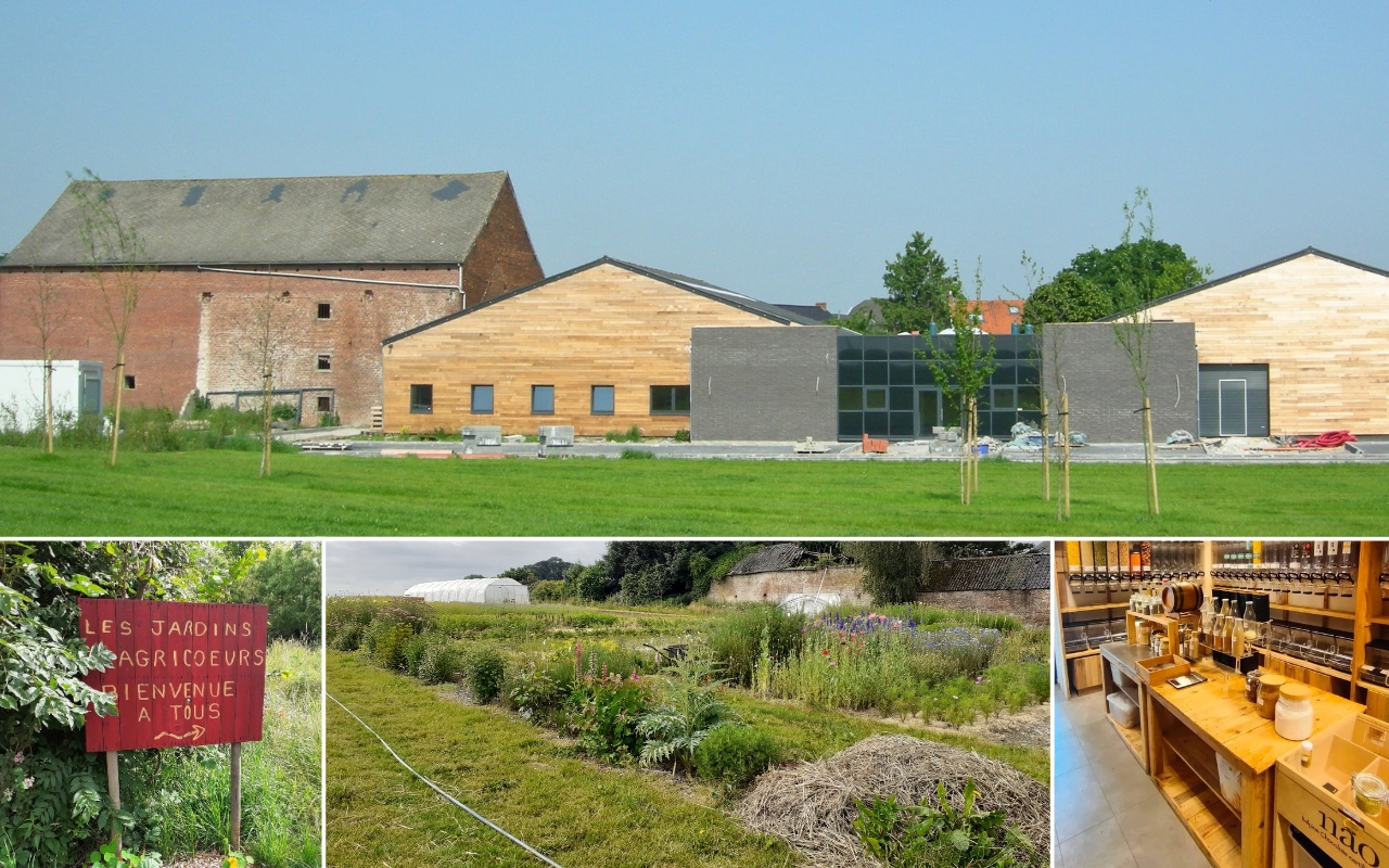 Collage de quatre photos différentes : en haut, un grand bâtiment avec une façade en briques et bois, entouré de gazon et de petits arbres ; en bas à gauche, un panneau rouge avec l'inscription 'LES JARDINS AGRICOEURS BIENVENUE À TOUS' ; au centre en bas, un jardin ou une ferme avec diverses plantes et verdure ; en bas à droite, l'intérieur d'un magasin ou marché avec des étagères présentant divers produits.