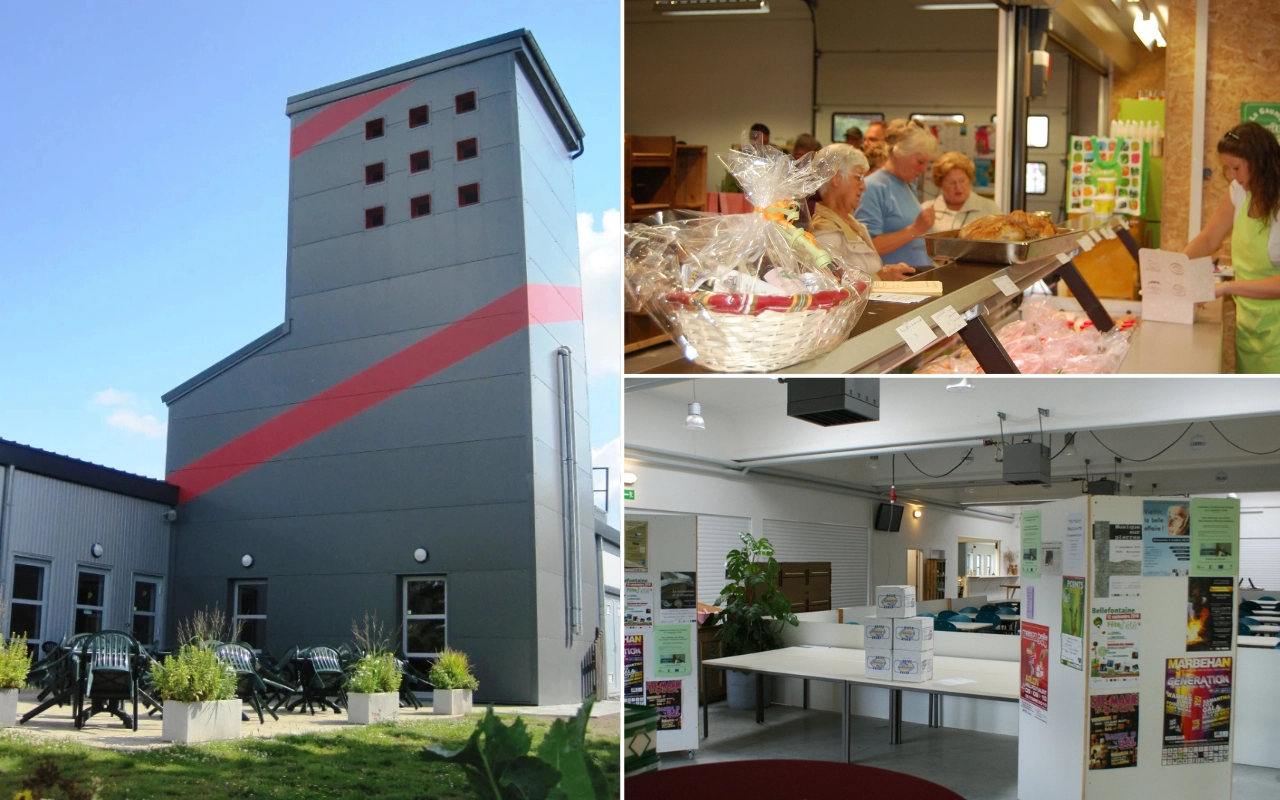 Collage de trois scènes différentes de la Halle de Han à Tintigny : l'extérieur du bâtiment moderne avec une architecture unique, une section intérieure montrant un marché ou magasin avec des produits en vente, et un espace intérieur aménagé pour un événement ou exposition.