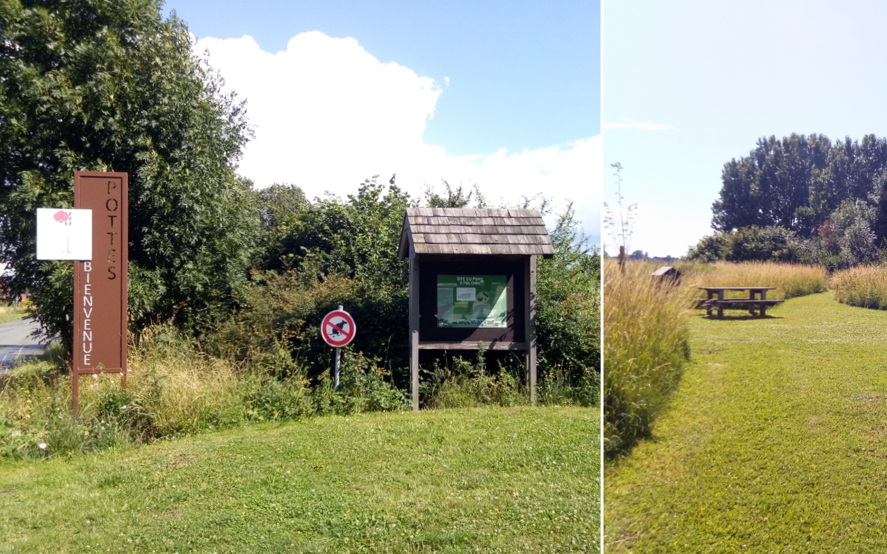 Collage composé de deux photos prises en extérieur. La photo de gauche présente un panneau avec le texte 'POTTES BIENVENUE' et un petit panneau circulaire indiquant l'interdiction des chiens. Il y a également un panneau d'information en bois avec une carte ou un avis, entouré de verdure et de buissons. La photo de droite montre une zone herbeuse ouverte avec une table de pique-nique et des bancs, bordée par de hautes herbes et des arbres en arrière-plan.