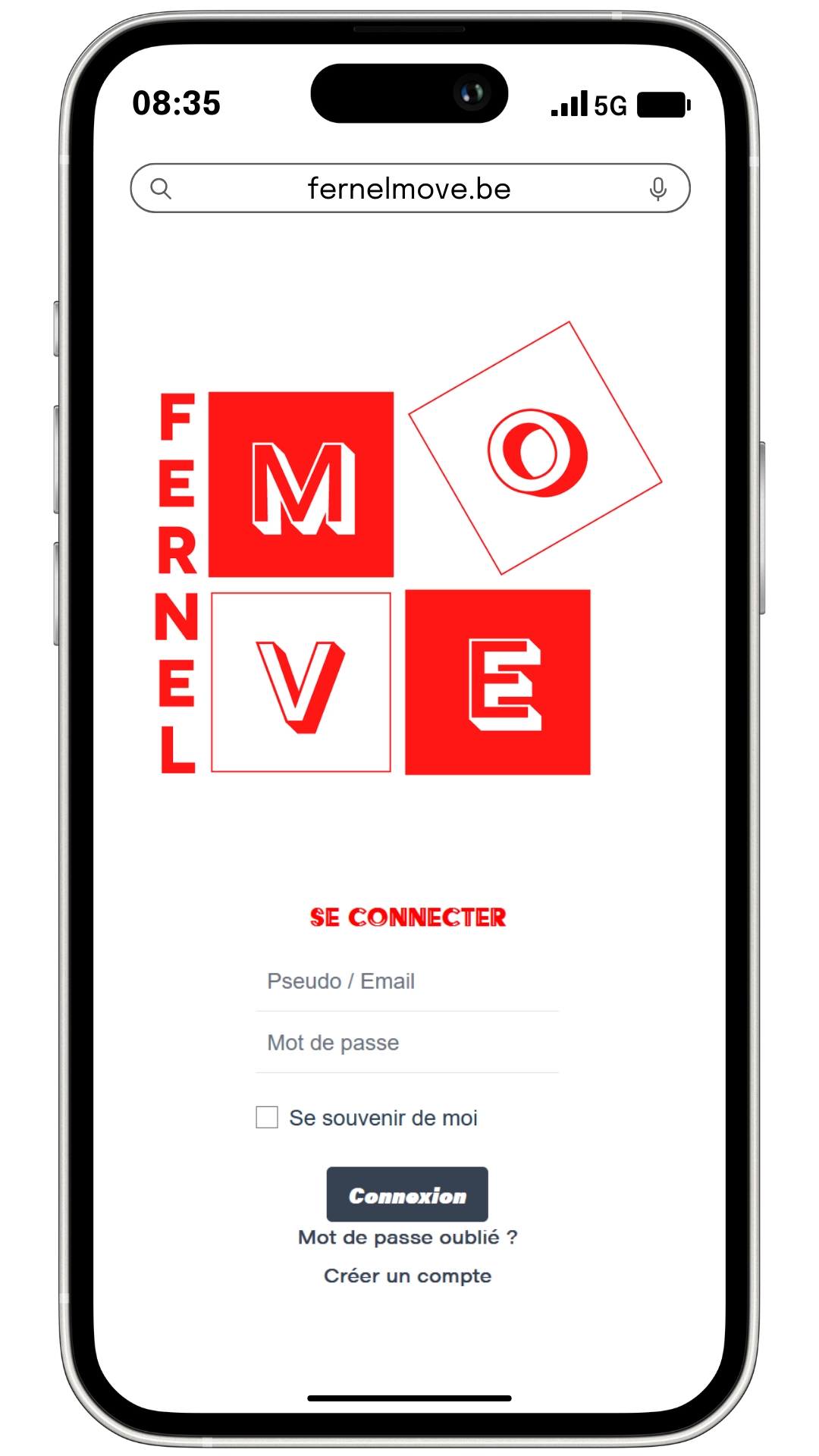 Il s'agit de l'écran d'un smartphone affichant une page de connexion pour "fernelmove.be". L'utilisateur est invité à "se connecter" en y encodant son pseudo/email et son mot de passe.