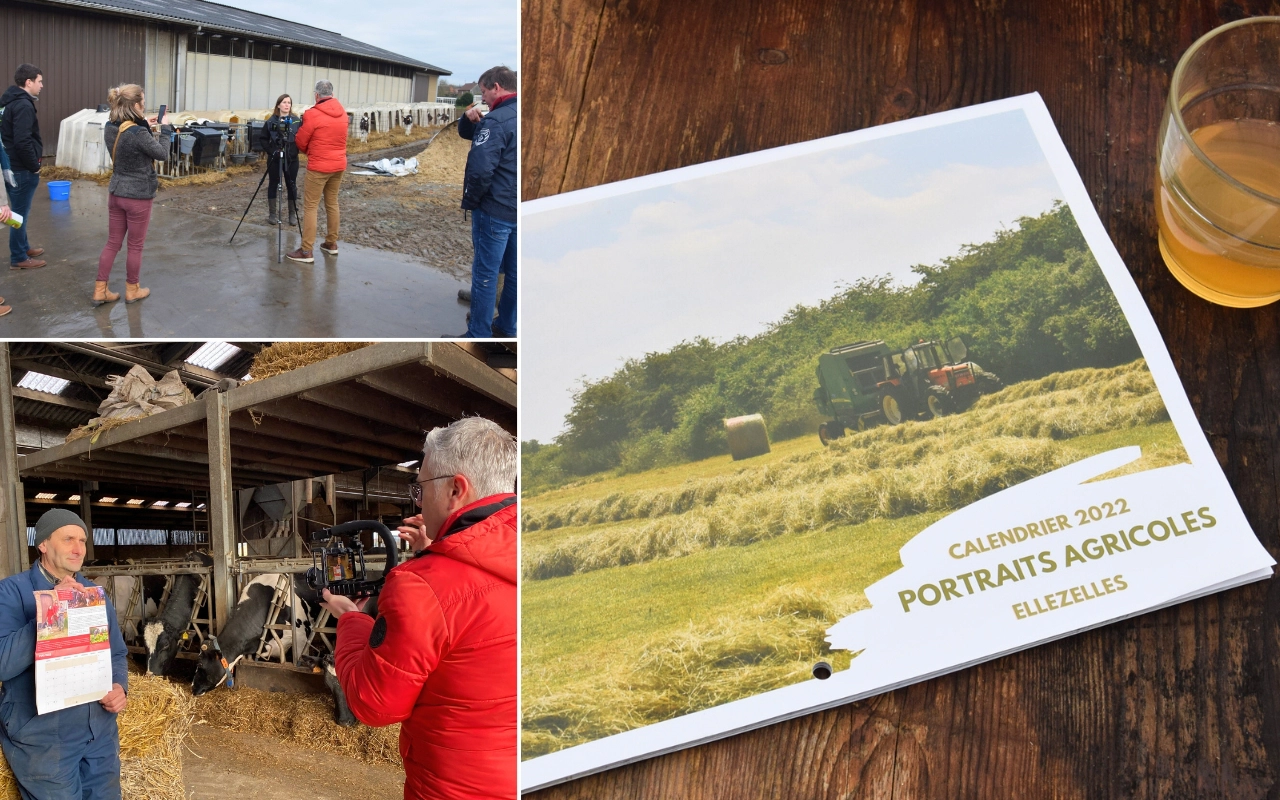 Collage de trois images : en haut à gauche, un groupe de personnes debout près d'une grange ou étable, avec des vaches visibles en arrière-plan ; en bas à gauche, une personne tenant un calendrier tandis qu'une autre prend une photo à l'intérieur d'une étable ; à droite, la couverture d'un calendrier agricole intitulé 'Calendrier 2022 Portraits Agricoles Ellezelles' posée sur une surface en bois à côté d'un verre contenant un liquide.