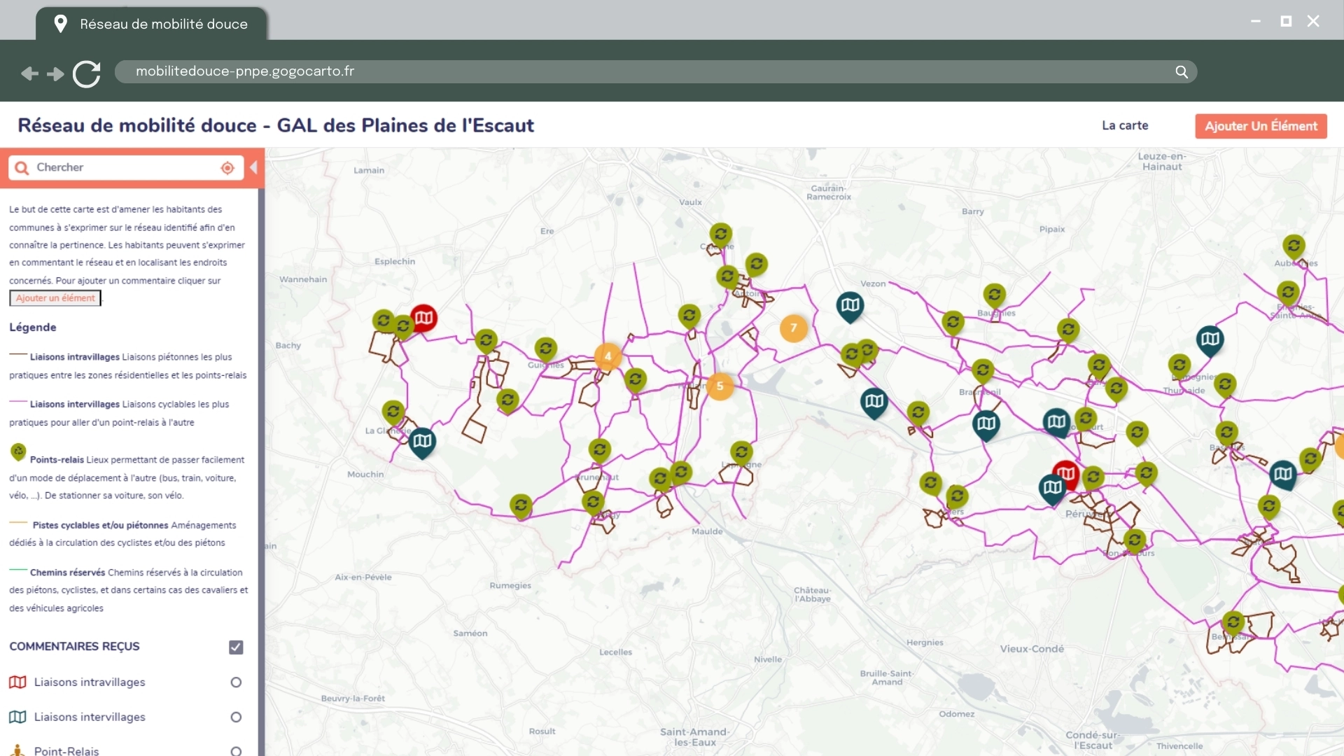 Il s'agit d'une interface de carte d'un site web intitulé "Réseau de mobilité douce - GAL des Plaines de l'Escaut". La carte affiche divers itinéraires et points d'intérêt marqués par différents icônes et couleurs. Il y a une barre latérale à gauche avec des options de recherche, une légende, des commentaires et d'autres fonctionnalités.