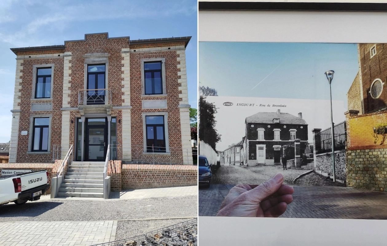Collage montrant à gauche un bâtiment en briques avec de grandes fenêtres et une entrée centrale. A droite, une photo du même bâtiment au début du siècle dernier.