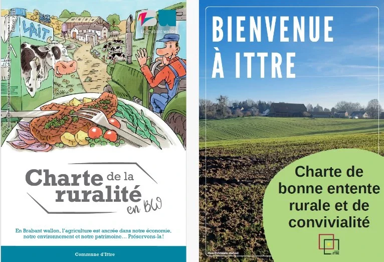 Image composée de deux sections : à gauche, une illustration de style cartoon d'une scène rurale avec des vaches, un fermier et divers produits agricoles, accompagnée du texte 'Charte de la ruralité en BW... Commune d'Ittre'. À droite, une photographie d'un paysage rural avec des champs et des arbres sous un ciel dégagé, accompagnée du texte 'BIENVENUE À ITTRE... Charte de bonne entente rurale et de convivialité'