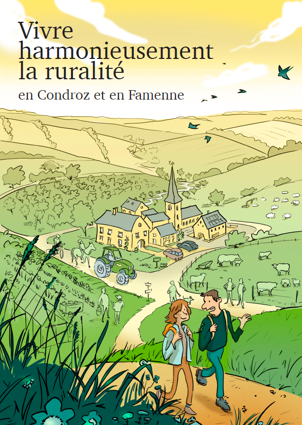 L'image représente une scène rurale pittoresque avec des collines ondulantes, un petit village avec une église, et divers éléments de la vie à la campagne tels que des vaches, des oiseaux, et des personnes marchant sur un chemin. Le titre de l'image est "Vivre harmonieusement la ruralité en Condroz et en Famenne.