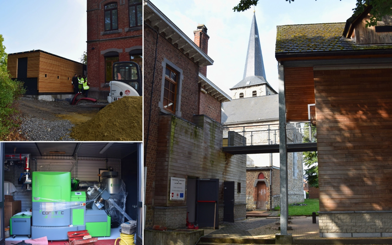 Collage montrant des bâtiments publics dont une église en arrière-plan. Il y a deux images plus petites : l'une montrant des équipements de construction et des ouvriers, et l'autre montrant la chaudière à l'intérieur d'une pièce.