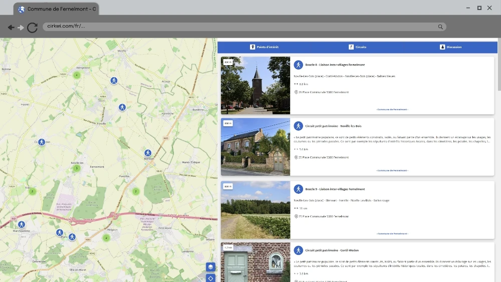 L'image montre une fenêtre de navigateur web affichant une carte sur le côté gauche et une liste de points d'intérêt sur le côté droit. La carte met en évidence plusieurs emplacements marqués par des épingles bleues
