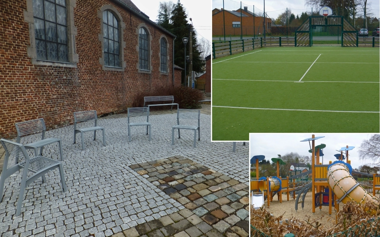 Zone extérieure avec trois sections distinctes : Place pavée avec bancs : La section principale présente une zone pavée avec des pavés et plusieurs bancs en métal disposés autour. Terrain de sport clôturé : Dans le coin supérieur droit, il y a un terrain de sport clôturé avec un panier de basket et du gazon artificiel. Aire de jeux pour enfants : Dans le coin inférieur droit, il y a une aire de jeux pour enfants avec divers équipements de jeu, y compris des toboggans et des structures d'escalade.