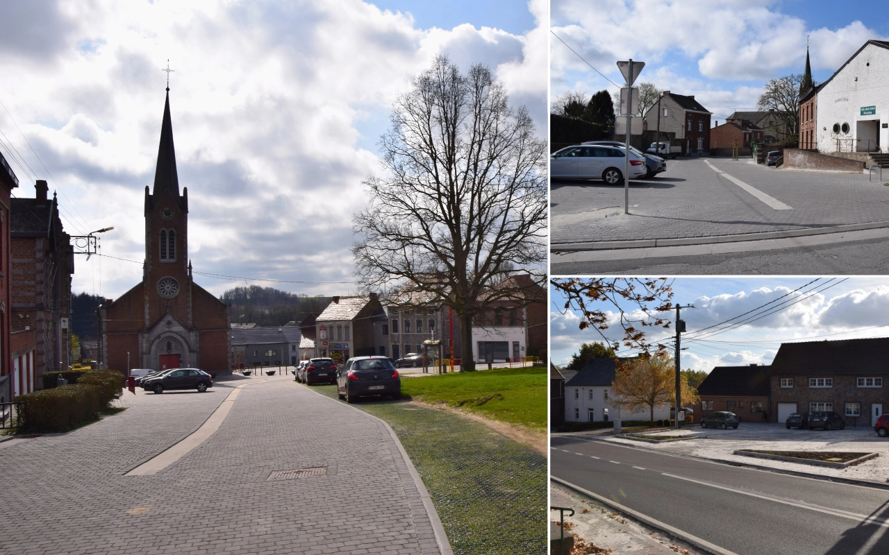Collage de scènes de village : Église avec clocher : Une église avec un clocher haut et une croix au sommet, située au bout d'un chemin pavé bordé de bâtiments et de voitures garées de chaque côté. Il y a aussi un grand arbre sans feuilles devant l'église. Intersection de rue : Une intersection avec plusieurs voitures garées, des bâtiments et des panneaux de signalisation. Vue de rue : Une autre vue de rue avec des bâtiments, des arbres et des lignes électriques visibles.