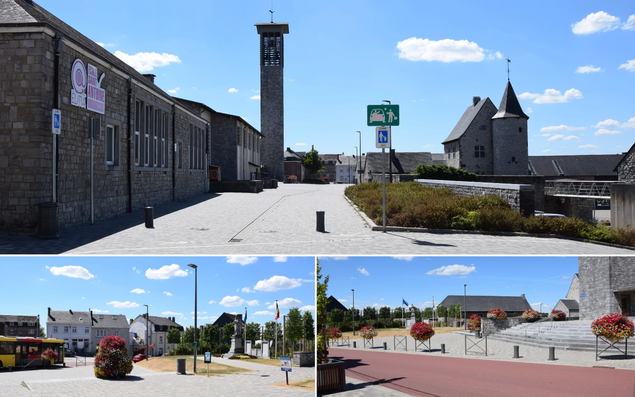 Collage de vues de place publique : Bâtiment en pierre avec tour : La photographie du haut montre un bâtiment en pierre avec une tour, et des panneaux indiquant des directions. Rue avec bâtiments et fleurs : La photographie en bas à gauche montre une rue avec des bâtiments et des fleurs dans des jardinières. Zone ouverte avec escaliers : La photographie en bas à droite montre une zone ouverte avec des escaliers menant à un autre bâtiment, également décoré de jardinières remplies de fleurs.