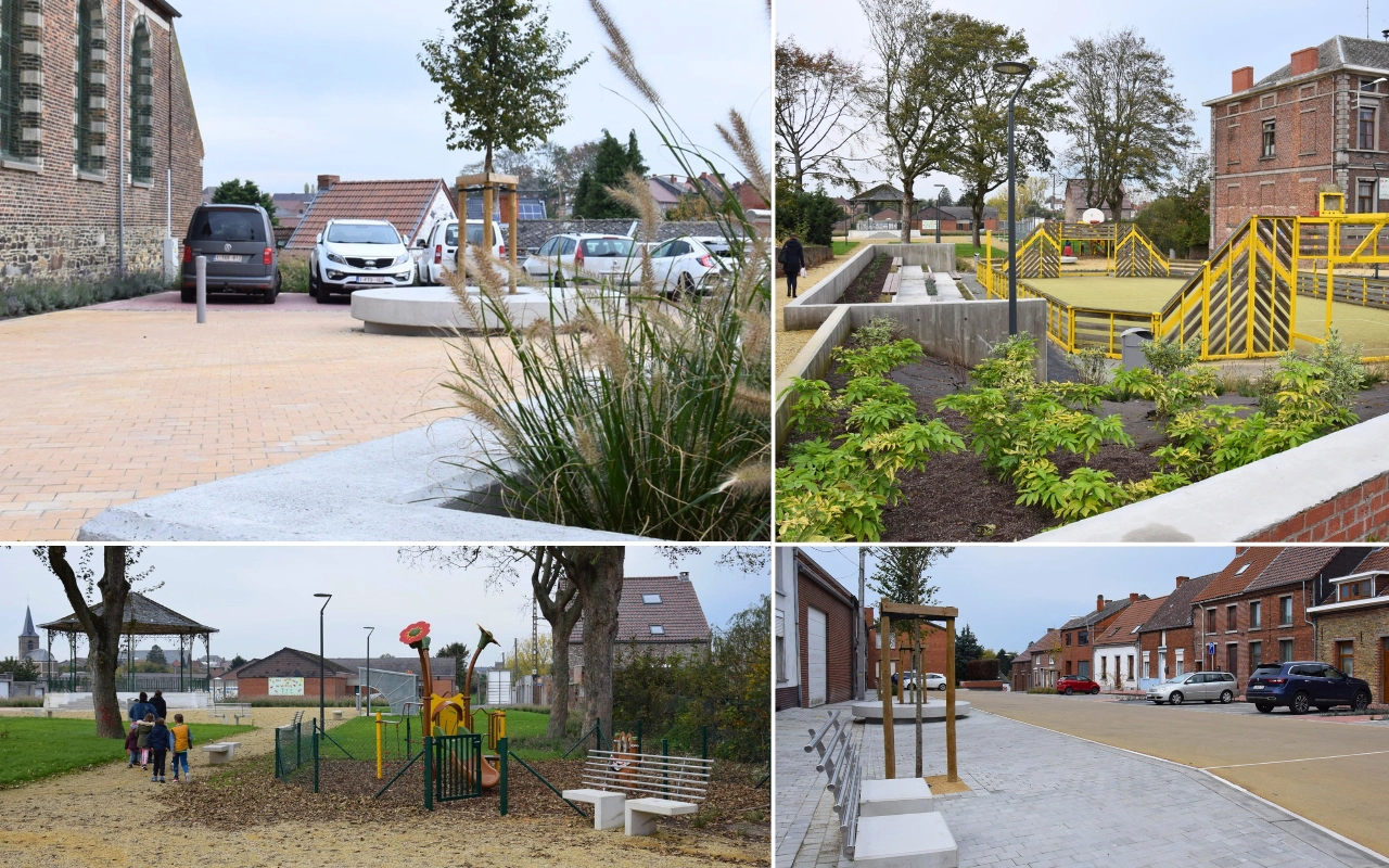 Collage de 4 scènes de quartier résidentiel : Zone pavée avec voitures garées : La section en haut à gauche montre une zone pavée avec des voitures garées, un peu de verdure et une partie d'un bâtiment. Zone de loisirs extérieure : La section en haut à droite représente une zone de loisirs extérieure avec des bancs, des plantes et un terrain de sport clôturé. Aire de jeux pour enfants : La section en bas à gauche présente une aire de jeux pour enfants avec des équipements de jeu et des adultes à proximité. Zone pavée avec bancs et arbres : La section en bas à droite montre une autre zone pavée avec des bancs, des arbres et des bâtiments en arrière-plan.