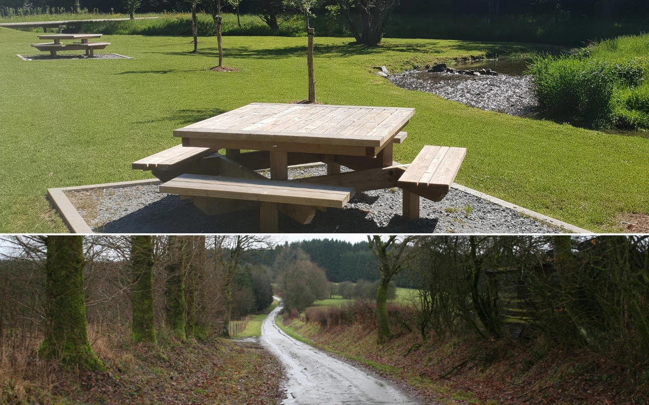 L'image est divisée en deux sections. La section supérieure montre une table de pique-nique en bois avec des bancs attachés, située sur une zone herbeuse près d'un petit ruisseau. La section inférieure montre une route de campagne étroite et sinueuse bordée d'arbres et de buissons, menant au loin avec des champs et des zones boisées visibles en arrière-plan.