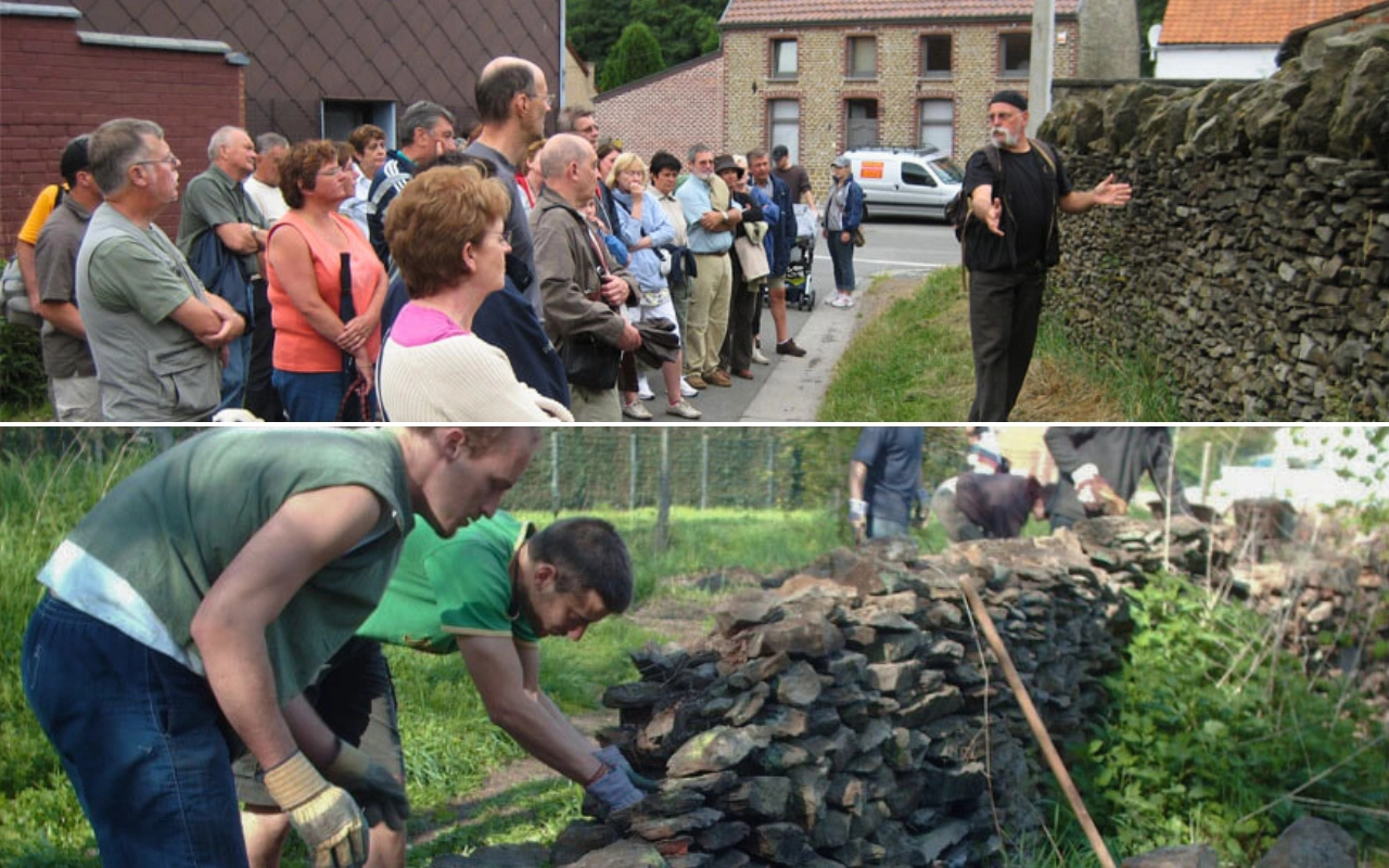 Collage de scènes de construction de mur en pierre : Groupe de personnes écoutant une démonstration : La section supérieure montre un groupe de personnes debout et écoutant une personne qui semble donner une présentation ou une démonstration à côté d'un mur en pierre. Travaux de construction de mur en pierre : La section inférieure montre plusieurs individus travaillant à la construction ou à la réparation d'un mur en pierre, avec certaines personnes plaçant des pierres et d'autres observant ou aidant.