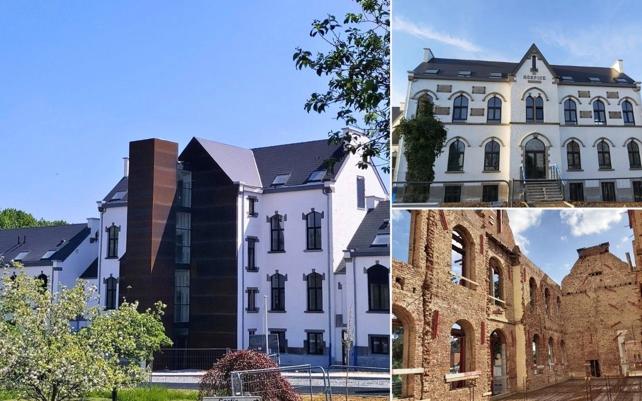 Il s'agit d'un collage montrant trois bâtiments différents. Au centre, un bâtiment moderne aux murs blancs et grandes fenêtres avec une structure verticale sombre sur un côté. En haut à droite, un bâtiment historique avec des fenêtres en arc et le mot "HOSPICE" au-dessus de l'entrée. En bas à droite, des ruines anciennes avec des arches et de la maçonnerie apparente.