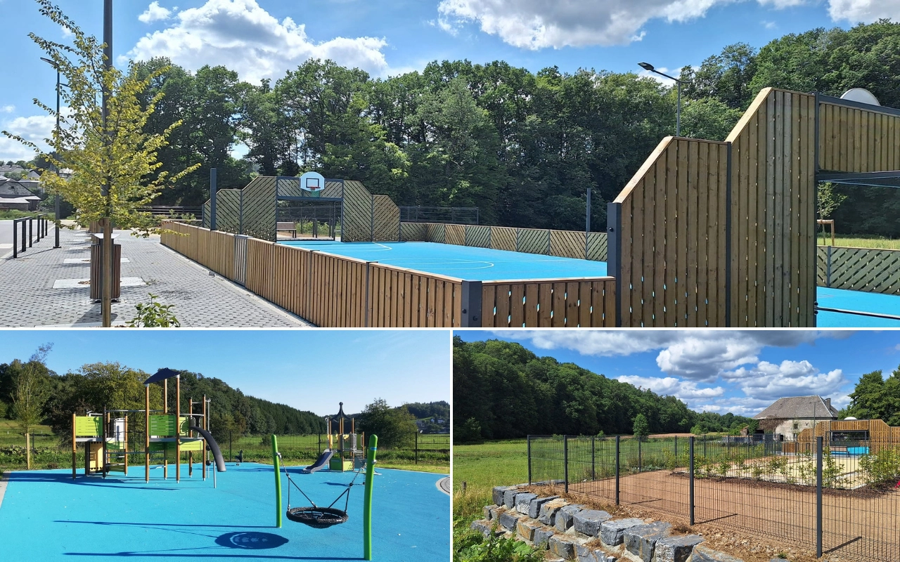 Collage de zones de loisirs extérieures : Terrain de basket clôturé : La photo du haut montre un terrain de basket clôturé avec un sol bleu, entouré d'arbres et sous un ciel dégagé. Aire de jeux avec équipements : La photo en bas à gauche montre une aire de jeux avec divers équipements, y compris des balançoires et des toboggans, également avec un sol bleu. Jardin avec plantes : La photo en bas à droite montre une zone de jardin avec des plantes et des bordures en pierre, entourée d'une clôture, avec des arbres et un ciel dégagé en arrière-plan.
