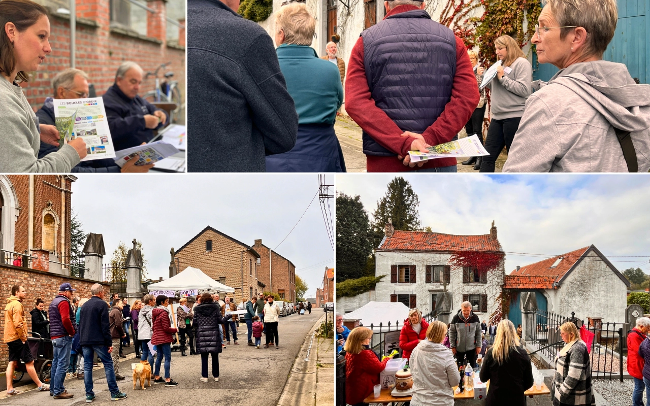 Collage de plusieurs photos montrant un groupe de personnes participant à un événement communautaire en extérieur. Les participants tiennent des papiers et des cartes, écoutant un orateur. En arrière-plan, des bâtiments en briques, une structure ressemblant à une église et des maisons résidentielles avec des toits rouges.