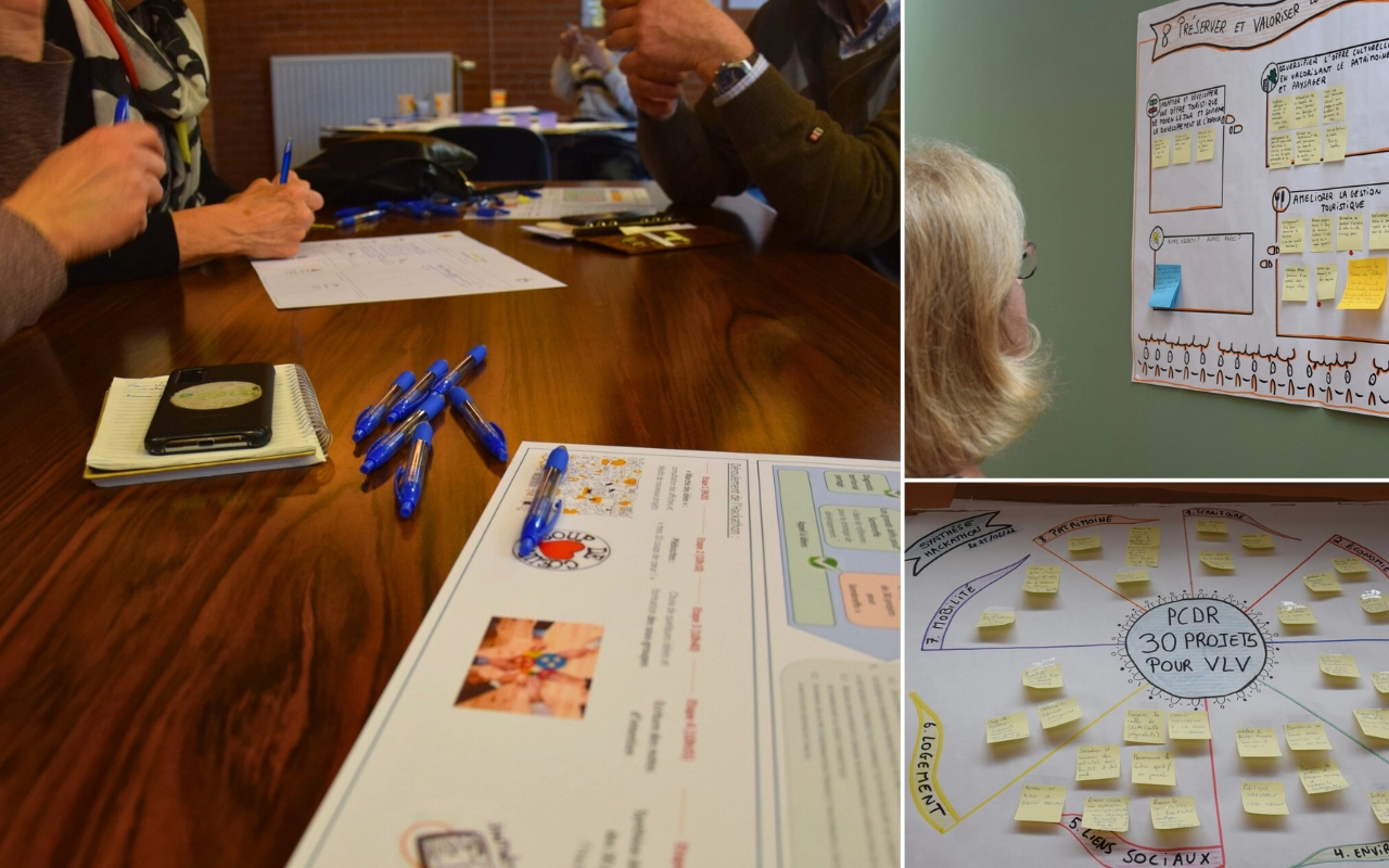 Il s'agit d'un collage montrant trois scènes liées à une activité de réunion citoyenne. La première image montre plusieurs personnes assises autour d'une table avec des papiers, des stylos et de quoi mettre en commun les idées. La deuxième image montre une personne regardant un tableau avec des post-its disposés sous différents titres. La troisième image montre un tableau similaire mais avec une organisation différente et l'inscription "PCDR 30 projets pour VLV" avec huit subdivisions circulaires dont "logement", "mobilité", "patrimoine", "territoire", "économie", "liens sociaux".