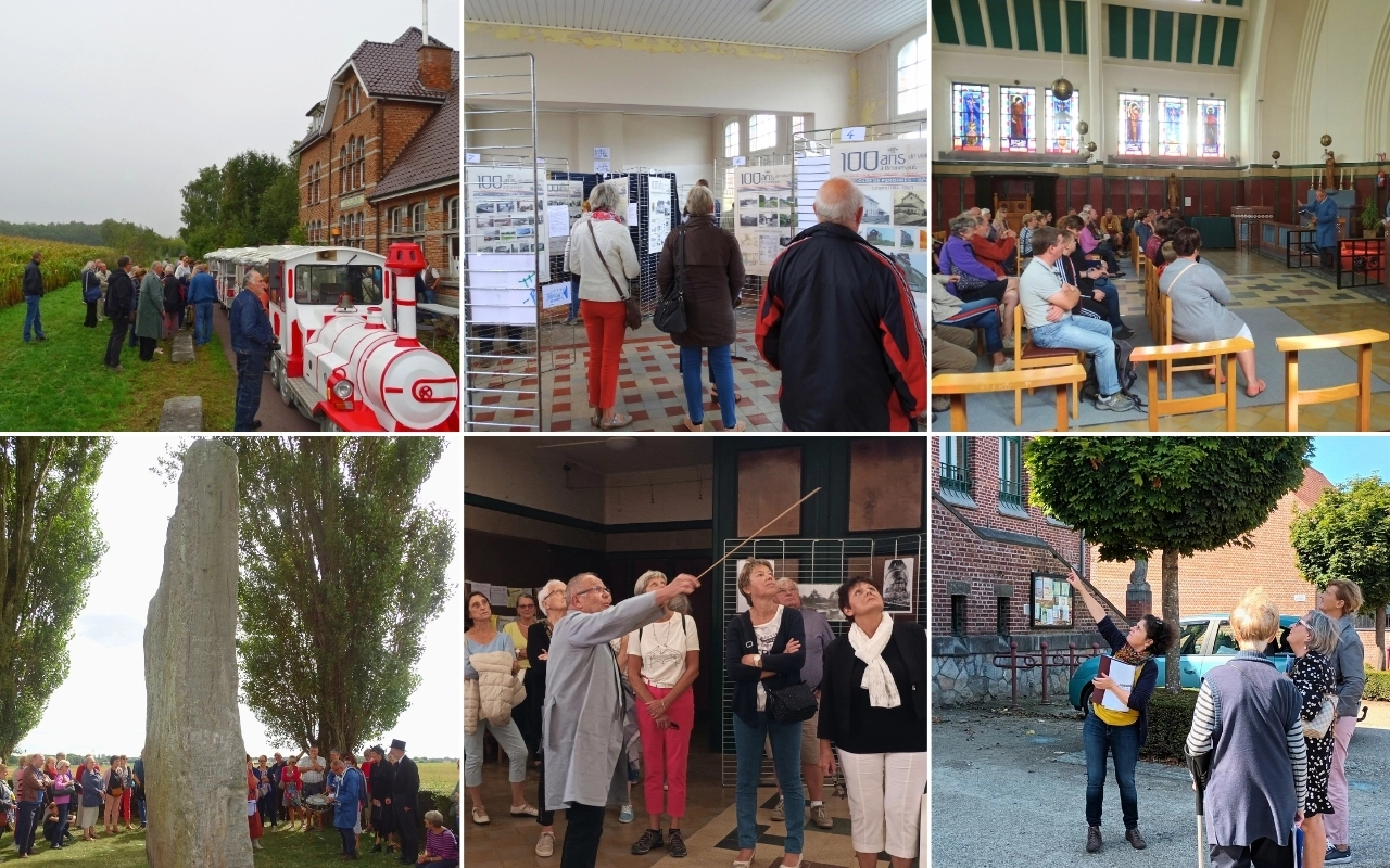 Collage de 6 photos : Petit train avec des personnes autour : "Petit train avec des personnes debout près d'un bâtiment et d'un champ." Personnes dans une salle d'exposition : "Groupe de personnes regardant des expositions dans une salle." Groupe de personnes dans une église ou une salle avec des vitraux : "Personnes assises sur des chaises dans une salle avec des vitraux." Personnes rassemblées autour d'un grand arbre : "Groupe de personnes autour d'un grand arbre en extérieur." Groupe guidé par une personne pointant quelque chose à l'intérieur : "Groupe de personnes guidé par quelqu'un pointant quelque chose à l'intérieur." Personnes à l'extérieur près de bâtiments en briques : "Groupe de personnes à l'extérieur près de bâtiments en briques, une personne pointant vers le haut."