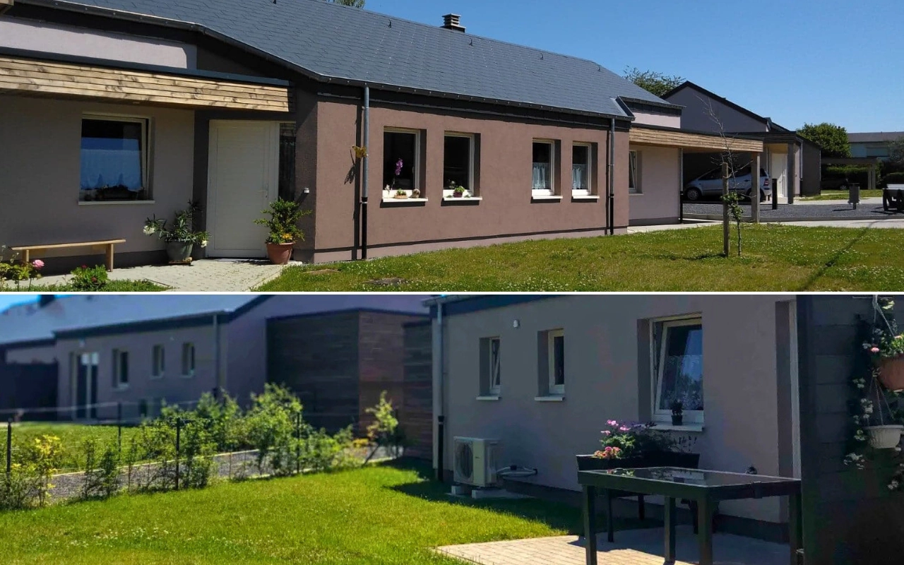 Vue de face de la maison : Une maison de plain-pied avec un toit gris et des murs beiges. La façade présente plusieurs fenêtres, une porte et une petite zone de porche avec des plantes. Vue de l'arrière ou du côté de la maison : La cour arrière ou latérale avec des fenêtres supplémentaires, une unité de climatisation et une petite terrasse avec des meubles d'extérieur. Les deux vues mettent en évidence des pelouses bien entretenues sous un ciel bleu clair.