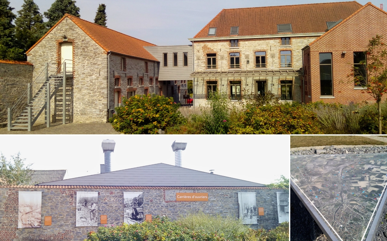 L'image montre un collage de trois photographies de bâtiments. La photographie du haut représente un grand bâtiment avec des murs en pierre et en briques, plusieurs fenêtres et un toit en tuiles rouges. Il y a de la verdure devant le bâtiment. La photographie en bas à gauche montre un autre bâtiment en pierre avec deux cheminées sur le toit et de grandes images affichées sur son mur. Un panneau indique "Centre d'Accueil". La photographie en bas à droite semble être une vue aérienne ou une carte placée sur un support à l'extérieur.