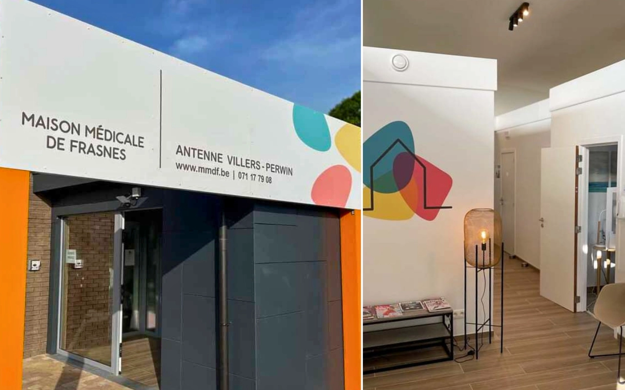Il s'agit d'un collage montrant deux vues d'une installation médicale. À gauche, l'entrée du bâtiment avec l'inscription "Maison Médicale de Frasnes - Antenne Villers-Perwin", l'URL du site web "www.mmdf.be" et le numéro de téléphone "071 17 79 08". À droite, une vue intérieure de la salle d'attente, à savoir une petite pièce avec un design mural coloré, une zone de sièges avec des magazines et des luminaires.