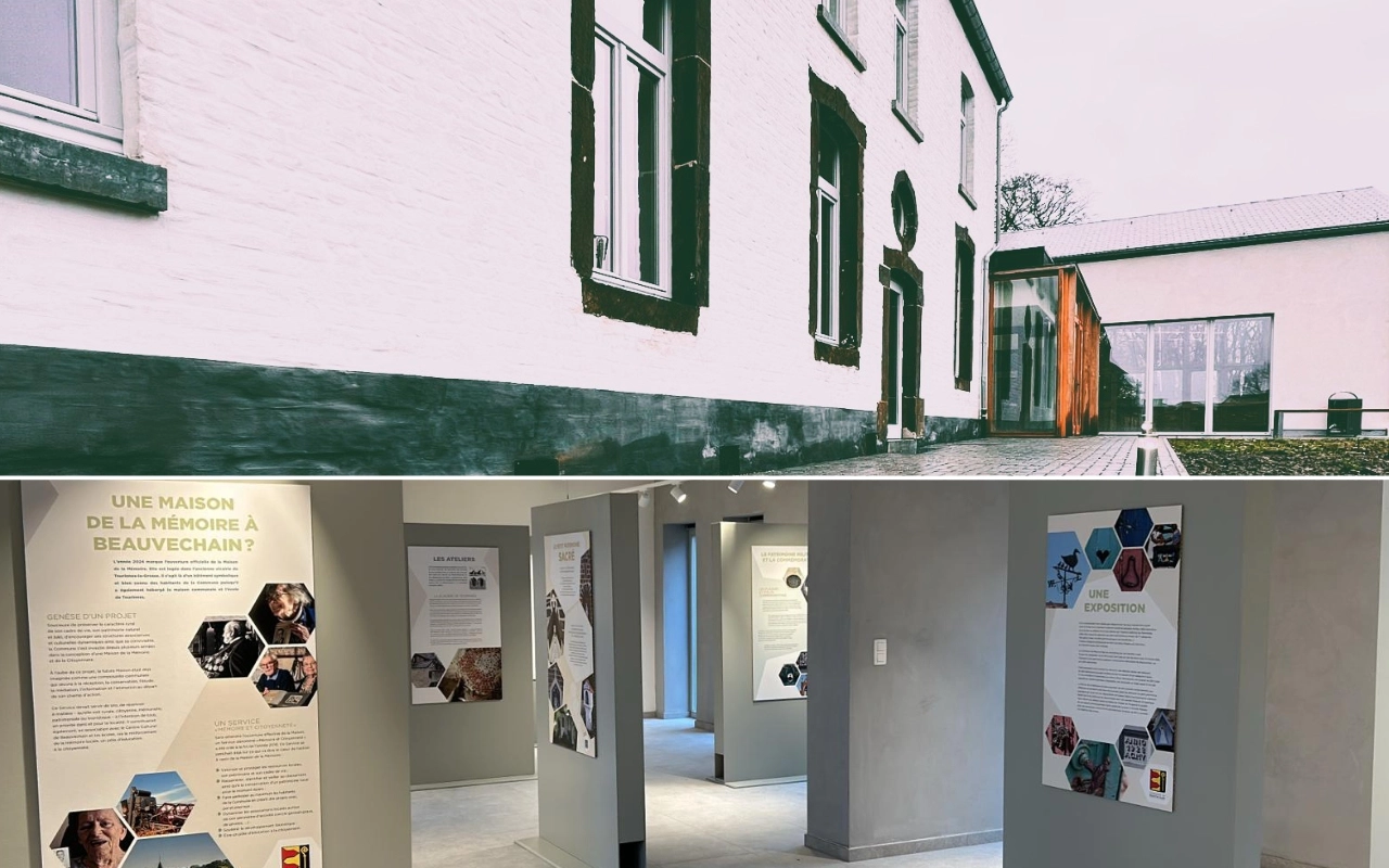 Collage de vues de bâtiment et d'exposition : Extérieur du bâtiment : La section supérieure montre l'extérieur d'un bâtiment blanc avec des bordures vertes et une entrée vitrée. Intérieur de l'espace d'exposition : La section inférieure montre l'intérieur d'un espace d'exposition avec des panneaux d'information sur les murs.
