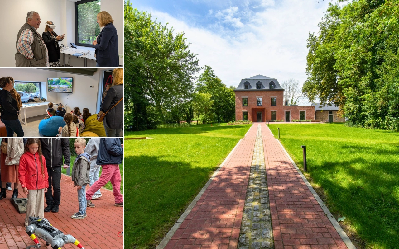 Il s'agit d'un collage montrant quatre sections. La section principale à droite montre l'extérieur du bâtiment : un long chemin en briques rouges traversant un grand parc et menant à un bâtiment aux allures de maison de maître avec annexes sur le côté. Les trois sections plus petites à gauche montrent des animations organisées par ce lieu. Différents groupes de personnes engagées dans diverses activités numériques (casque de réalité virtuelle, jeu vidéo, initiation à la robotique) dans un cadre éducatif.
