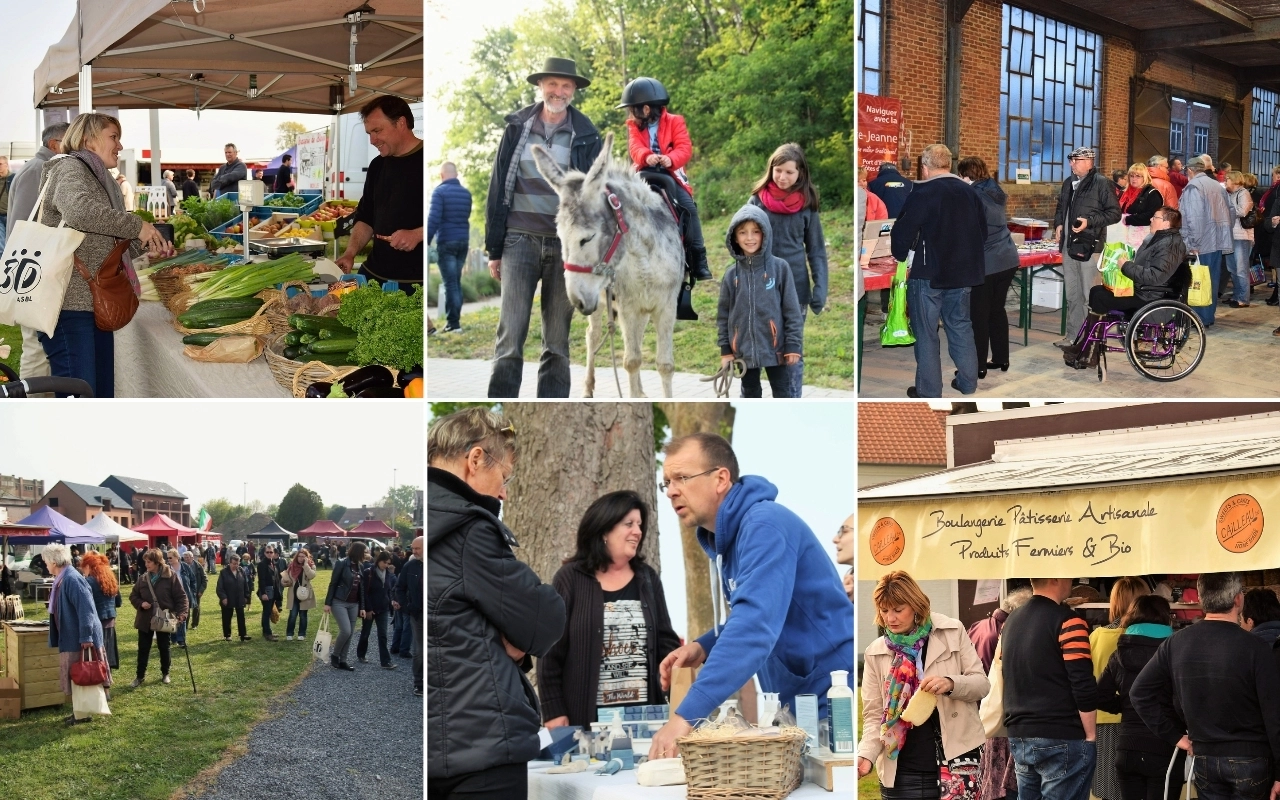 Collage de six photos montrant des scènes d'un événement de marché. En haut à gauche, des personnes achètent des légumes à un étal de marché. Au centre en haut, une personne avec deux enfants à côté d'un âne. En haut à droite, des gens rassemblés devant un bâtiment, dont une personne en fauteuil roulant. En bas à gauche, une scène de marché en plein air avec divers étals et des gens qui se promènent. Au centre en bas, deux personnes interagissent à un stand d'information ou de produits, l'une passant quelque chose à l'autre par-dessus la table. En bas à droite, l'extérieur d'une boulangerie ou boutique artisanale avec plusieurs personnes devant.
