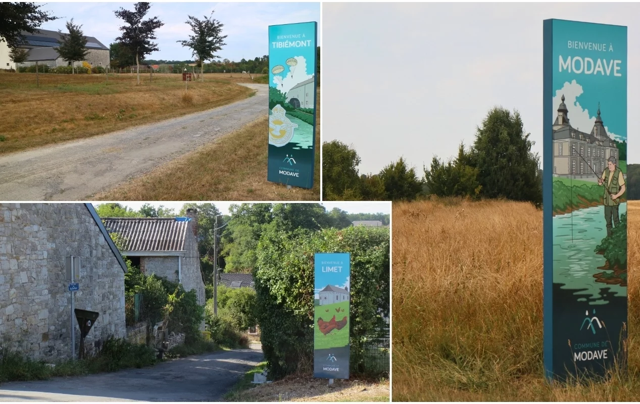L'image est un collage de trois photographies, chacune montrant un panneau différent dans un cadre rural. Les panneaux comportent des illustrations et du texte indiquant des lieux. Image du haut : Un chemin de terre avec des arbres et des champs de chaque côté. Un panneau indique : "BIENVENUE A TREMBIENT" "MODAVE" Image en bas à gauche : Un vieux bâtiment en pierre entouré de verdure. Un panneau indique : "LIMET" "MODAVE" Image en bas à droite : Un champ herbeux avec des arbres en arrière-plan. Un panneau indique : "BIENVENUE A MODAVE"