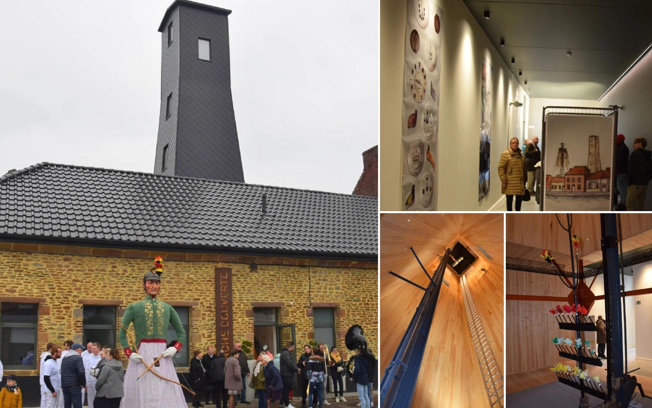 Collage de la perche couverte à Harchies : Bâtiment avec tour : Une photographie d'un bâtiment avec une haute structure sombre en forme de tour sur le dessus et des personnes rassemblées à l'extérieur. Vue intérieure avec exposition : Une vue intérieure montrant des murs affichant divers objets et deux personnes debout près d'une exposition. Structure verticale avec câbles : Une autre vue intérieure montrant une grande structure verticale avec des cordes ou des câbles. Exposition colorée : Un gros plan d'un rangement pour des flèches de tir à l'arc