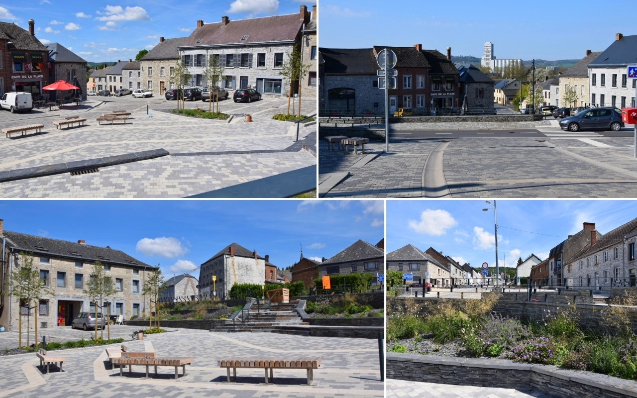 Une place de village avec plusieurs vues de la même zone. La place est pavée de carreaux gris clair et foncé disposés en motif. Il y a des bancs, de petits arbres et des bâtiments entourant la place. Les bâtiments ont un style architectural traditionnel, avec des toits inclinés et des façades en pierre ou en brique. Il y a aussi quelques voitures garées autour de la zone, et le ciel est clair avec quelques nuages.