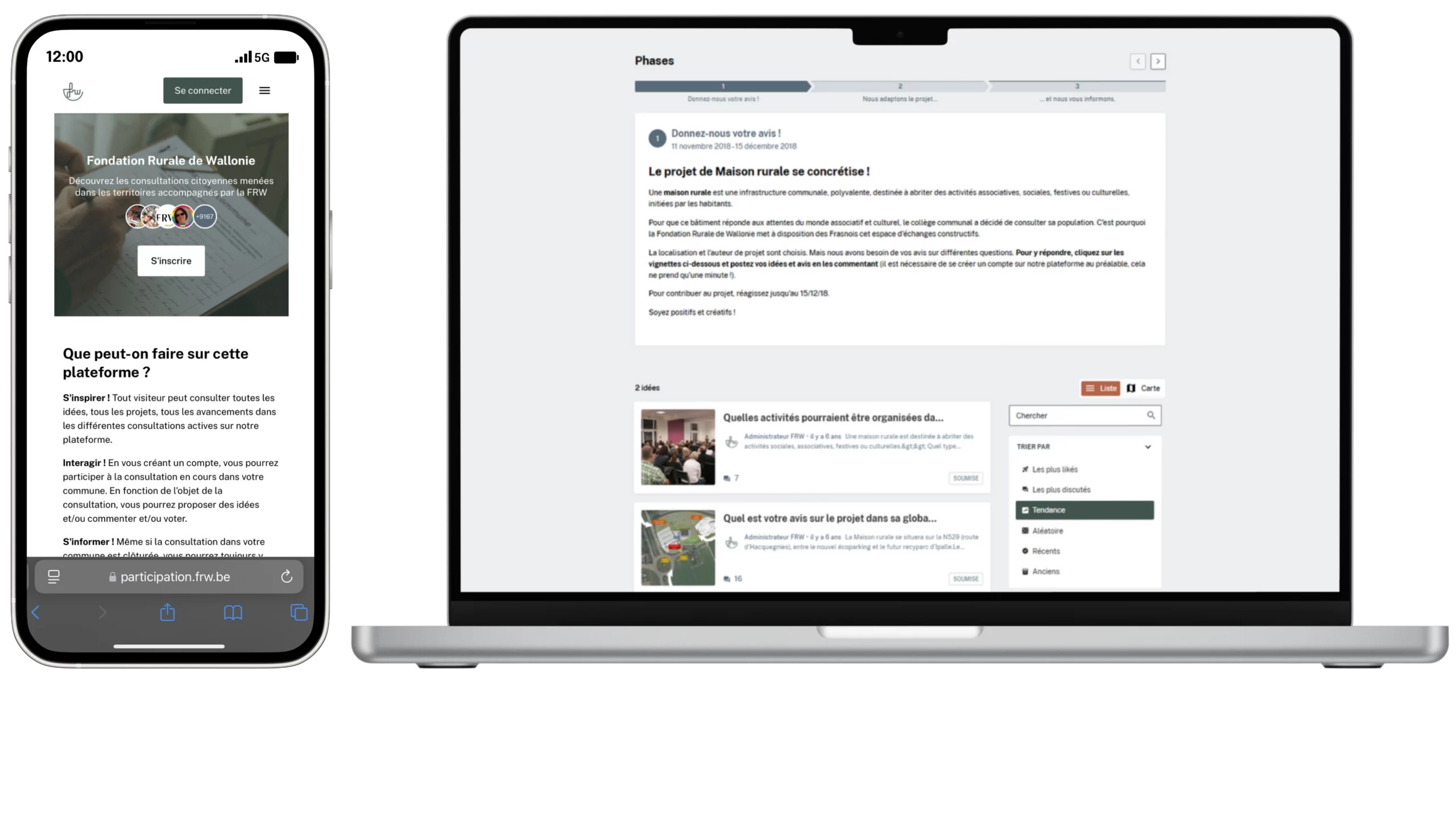 L'image montre deux appareils : un smartphone à gauche et un ordinateur portable à droite. Chacun affiche une page de la plateforme de participation citoyenne de la FRW. Sur l'écran du smartphone, il s'agit de la page d'accueil où l'on peut lire "Que peut-on faire sur cette plateforme ?" suivi d'une description en différents points. Sur l'écran de l'ordinateur, il s'agit d'un exemple de consultation citoyenne en ligne dans une commune, où l'on voit les différentes phases "donnez-nous votre avis", "nous adaptons le projet..." et "... nous vous informons".