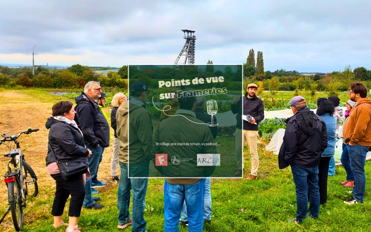 Il s'agit d'un collage. L'image principale montre un groupe de citoyens en visite de terrain dans une prairie en périphérie du village, avec un paysage de vestiges industriels en arrière-plan. Les citoyens sont debout autour d'un agent de la FRW et écoutent attentivement ce dernier, qui tient un micro dans une main. L'autre image est l'illustration du podcast en question, où l'on peut lire "Points de vue sur Frameries - un village, une visite de terrain, un podcast".