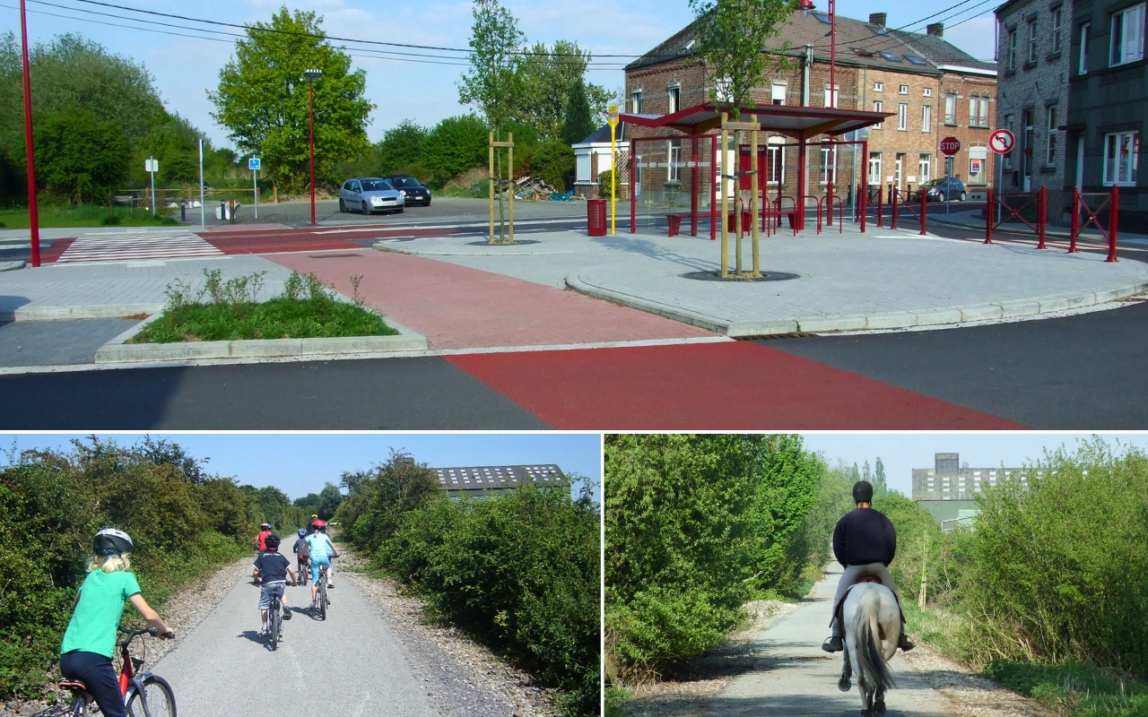 Zone pavée avec chemin piéton rouge : La partie supérieure de l'image montre une zone pavée avec un chemin piéton rouge, entourée d'arbres et de bâtiments. Il y a des voitures garées et un petit abri avec des poteaux rouges. Personnes à vélo et à cheval : La partie inférieure de l'image est divisée en deux petites images. À gauche, trois personnes font du vélo sur un chemin de gravier entouré de verdure. À droite, une personne monte à cheval sur un chemin de gravier similaire.