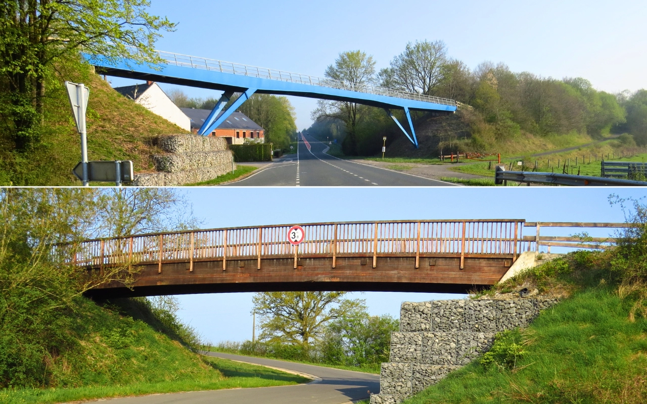 Collage de 2 photos : Pont moderne bleu : La partie supérieure de l'image présente un pont bleu au design moderne avec des rampes élégantes, traversant une route entourée d'arbres et de verdure. Pont en bois avec supports en pierre : La partie inférieure de l'image montre un pont en bois avec des rampes verticales et des supports en pierre, également traversant une route entourée d'arbres et de verdure.