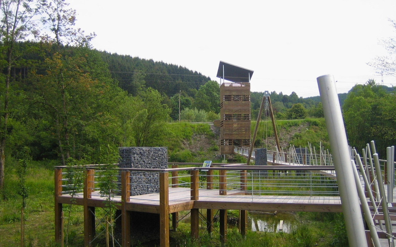 Tour d'observation en bois dans un cadre naturel, entourée de verdure et d'arbres. Un chemin en bois avec des rampes en métal mène à la tour. La zone fait partie d'un parc, avec diverses structures et sentiers intégrés dans le paysage.
