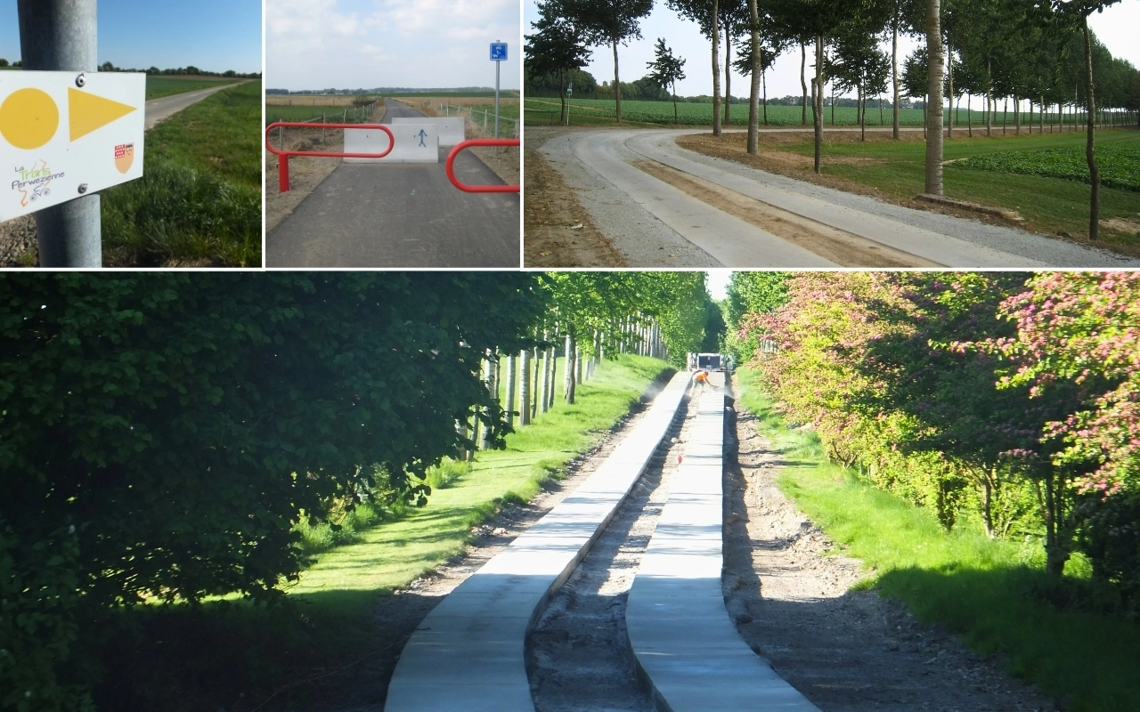 Collage avec 4 photos : Panneau avec flèche jaune : L'image en haut à gauche montre un panneau avec une flèche jaune et le numéro "6". Route pavée bloquée par des barrières rouges : L'image en haut au centre représente une route pavée bloquée par des barrières rouges. Route sinueuse bordée d'arbres : L'image en haut à droite montre une route sinueuse bordée d'arbres des deux côtés. Construction d'un chemin en béton : L'image en bas affiche la construction en cours d'un chemin en béton à travers une zone verte avec des arbres et des buissons de chaque côté.