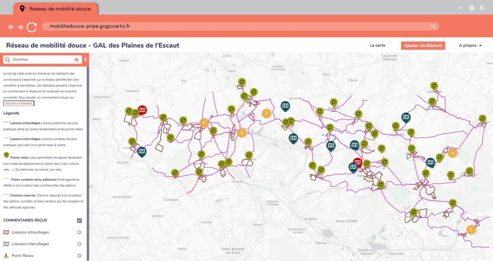Carte du Réseau de mobilité douce - GAL des Plaines de l'Escaut : Une carte montrant le "Réseau de mobilité douce - GAL des Plaines de l'Escaut" avec divers itinéraires et points d'intérêt marqués.