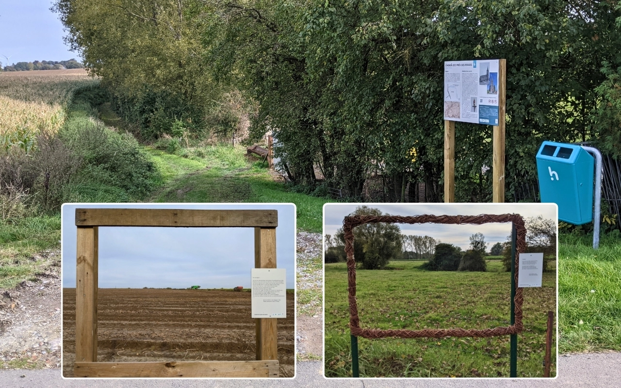 L'image montre une scène rurale avec un chemin de terre menant à une zone boisée. Il y a des panneaux d'information et une poubelle bleue sur le côté droit du chemin. Des images en médaillon montrent deux cadres en bois placés devant des champs, chacun avec un petit panneau attaché.