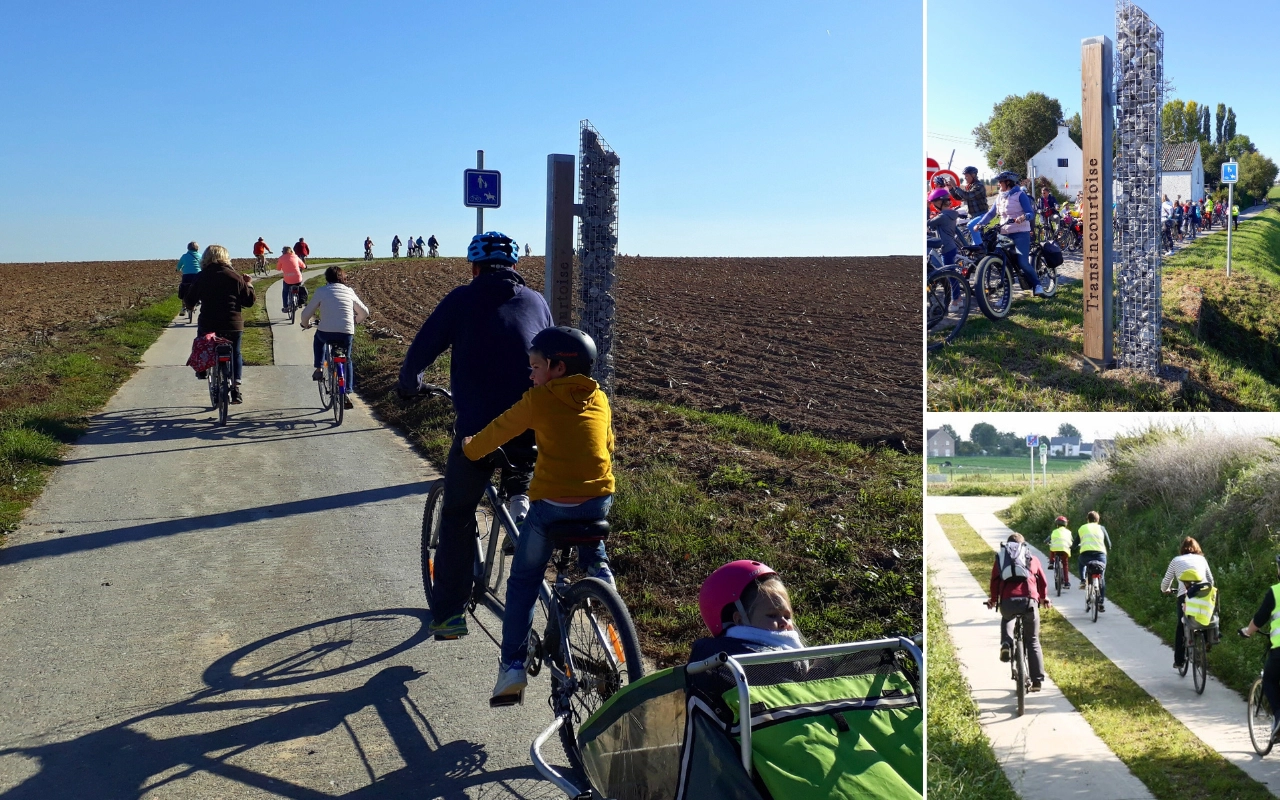 Cyclistes sur un chemin pavé : Plusieurs scènes de personnes faisant du vélo sur un chemin pavé à travers une zone rurale. La section principale de l'image montre plusieurs cyclistes, y compris des adultes et des enfants, roulant le long d'un chemin avec des champs de chaque côté. Cyclistes passant devant une structure en pierre : Une petite image à droite montre un groupe de cyclistes passant devant une haute structure en pierre. Cyclistes sur un chemin bordé de verdure : Une autre petite image à droite montre trois cyclistes roulant le long d'un autre chemin pavé bordé de verdure.