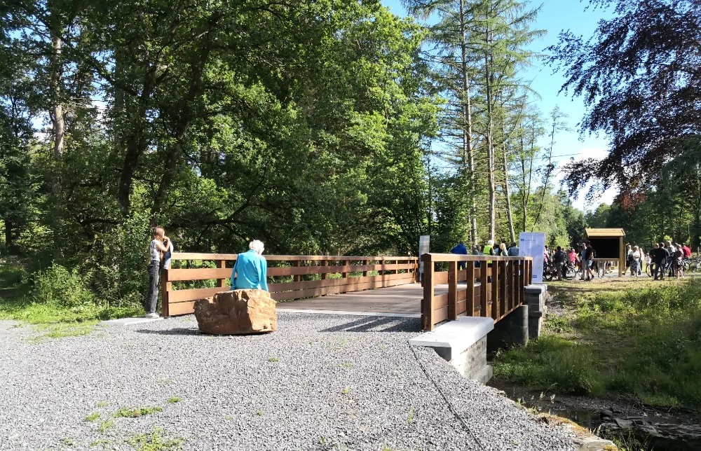 Pont en bois dans une zone forestière : Un pont en bois dans une zone boisée avec des personnes rassemblées sur et près du pont. Une personne est assise sur un rocher au premier plan, et une autre personne se tient sur le côté gauche de l'image. L'arrière-plan présente de grands arbres et de la verdure.