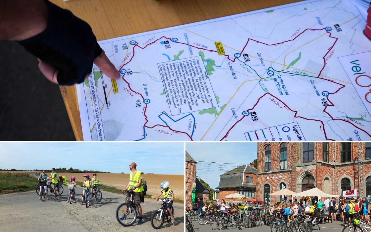 L'image est divisée en trois sections. La section supérieure montre une carte avec une main pointant dessus, indiquant un itinéraire pour le cyclisme. La section inférieure gauche représente un groupe de cyclistes, comprenant des enfants et des adultes, sur une route dans une zone ouverte avec des champs en arrière-plan. La section inférieure droite montre un autre groupe de cyclistes rassemblés devant un bâtiment qui semble être en brique.