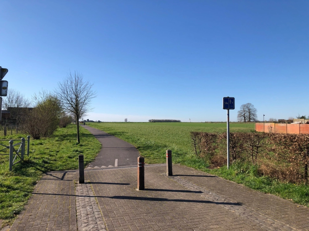 Promenade en bois le long d'un ruisseau : La partie supérieure de l'image montre une promenade en bois qui serpente le long d'un petit ruisseau, avec des arbres et de la verdure de chaque côté. Promenade en bois avec poteaux : La partie inférieure de l'image montre la promenade en bois qui continue tout droit, avec deux poteaux en bois au milieu du chemin, entourée de plus d'arbres et de végétation.