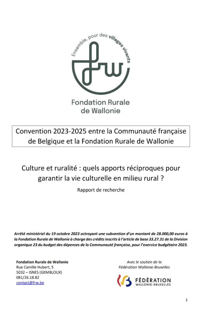 Page de garde d'un rapport de recherche commandité par la FWB et mené par la FRW, intitulé "Culture et ruralité : quels apports réciproques pour garantir la vie culturelle en milieu rural ?"