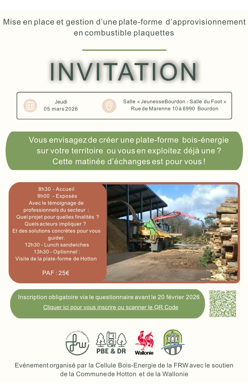 Affiche d’invitation à une matinée d’informations sur la mise en place et la gestion d’une plate‑forme d’approvisionnement en combustible plaquettes. L’événement a lieu le jeudi 5 mars 2026 à la Salle « Jeunesse Bourdon – Salle du Foot », Rue de Marenne 10a, 6990 Bourdon.