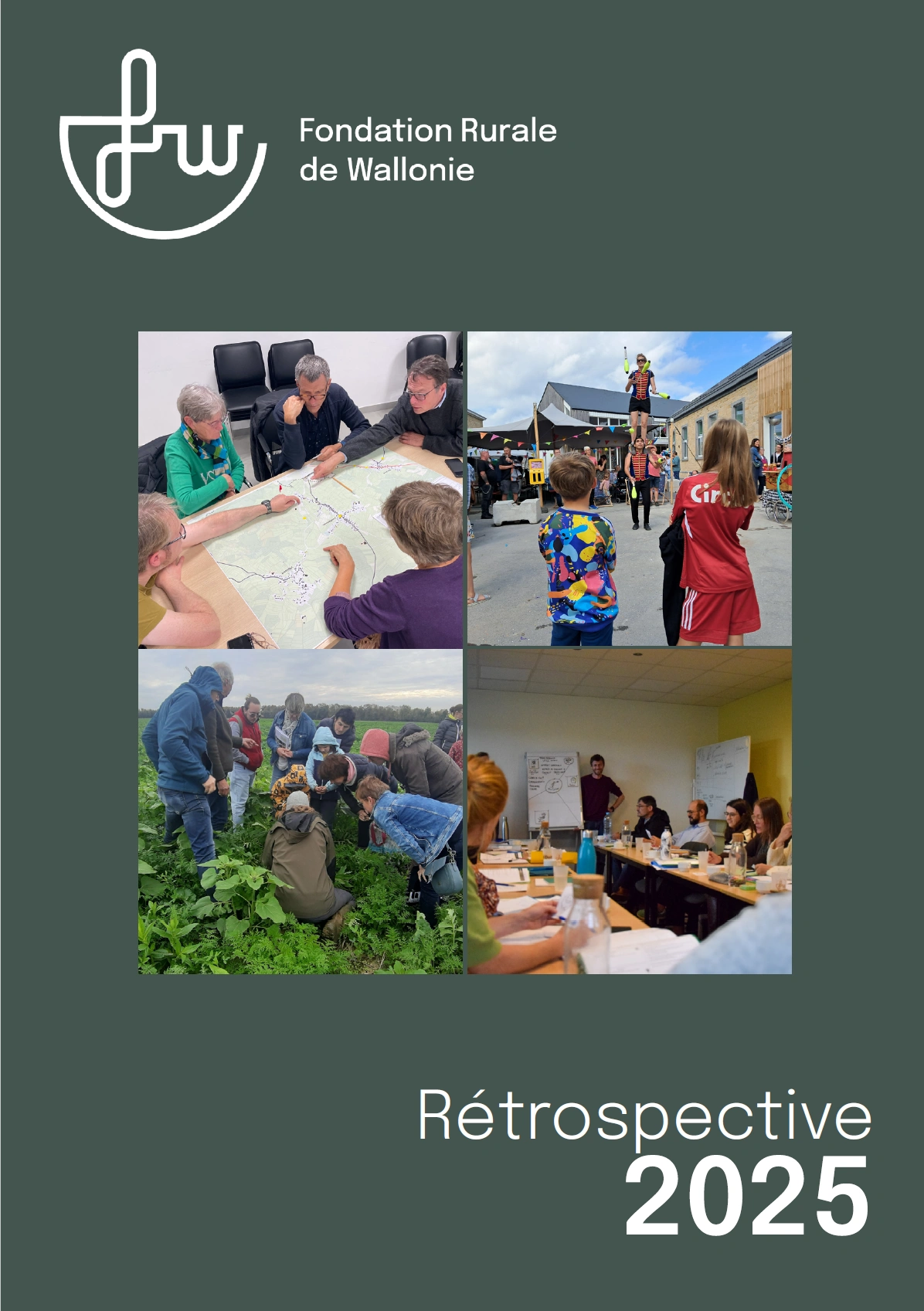 Page de garde de la brochure « Rétrospective 2025 » de la Fondation Rurale de Wallonie, présentant le logo de la FRW et des photos de projets participatifs menés en milieu rural.