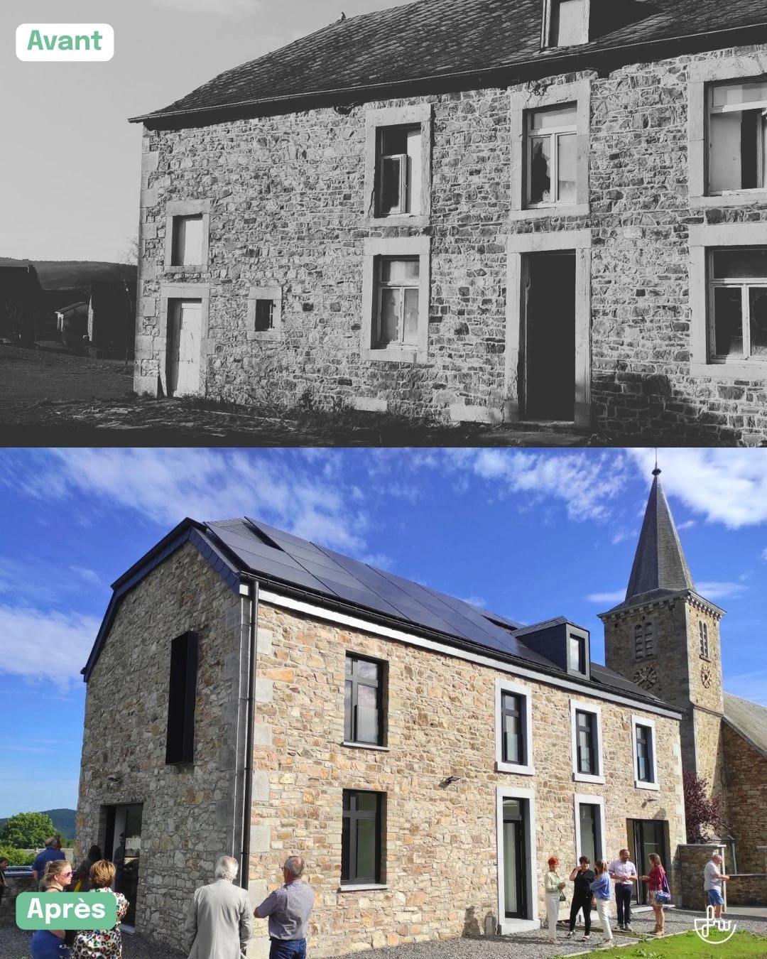 Montage avant/après d'une ancienne cure. La photographie du haut montre le bâtiment dans son état avant rénovation, tandis que la photographie du bas présente le bâtiment restauré et réaffecté après les travaux.
